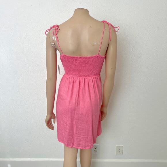[Old Navy] Pink Linen Blend Square Neck Mini Dress Smocked Tie Straps Sz Large L - Picture 3 of 12